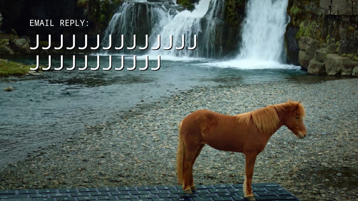 An Icelandic horse stands atop a giant outdoor keyboard