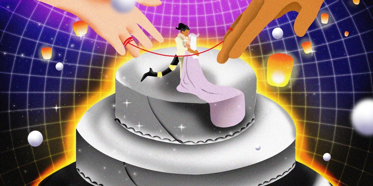 An illustration shows two VRChat sex demon avatars as toppers of a wedding cake, with a pair of large hands above the connected by a red ribbon connected to the ring fingers.