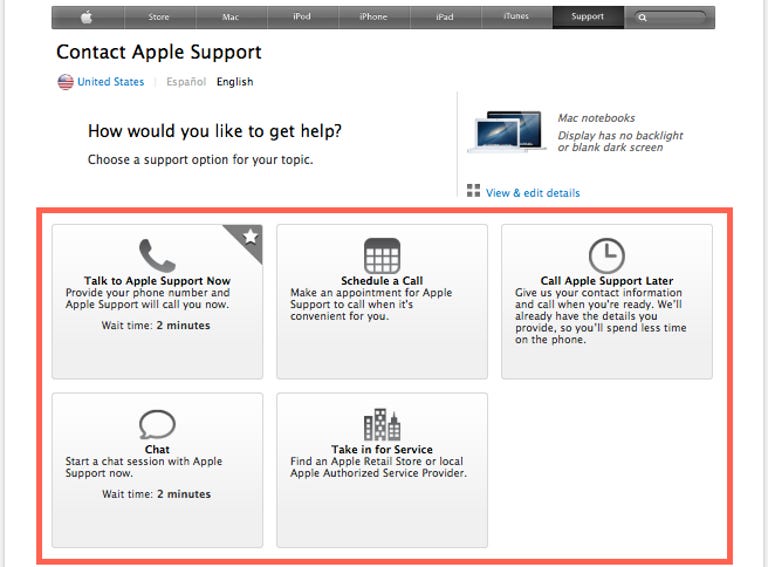 AppleCare Contact page