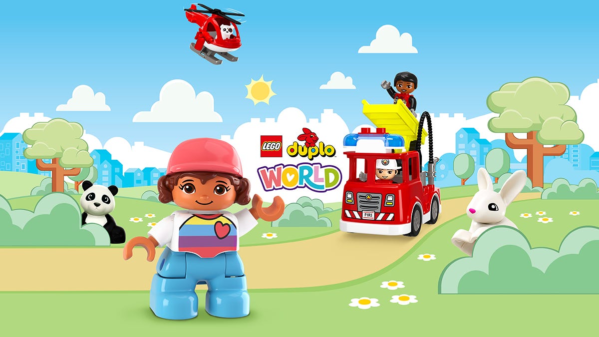 Lego Duplo World logo showing various Lego figures including a child, a firetruck, a rabbit, a panda, and a helicopter