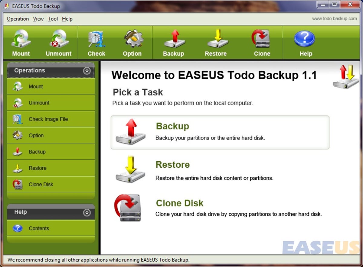Easeus Todo Backup main screen
