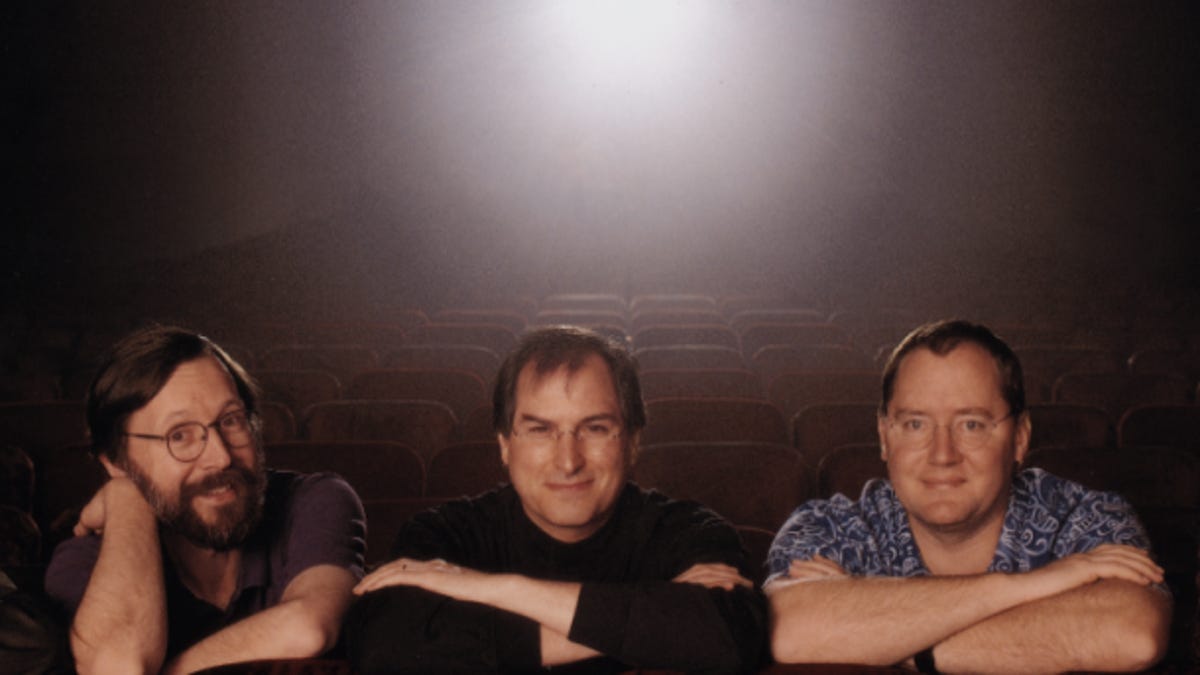 In this archival photograph, Steve Jobs is seen with the studio&apos;s other major players, Ed Catmull (left) and John Lasseter (right).
