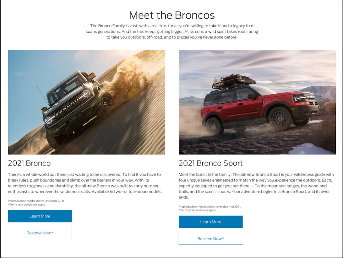 Ford Bronco and Bronco Sport reservation configurator screen