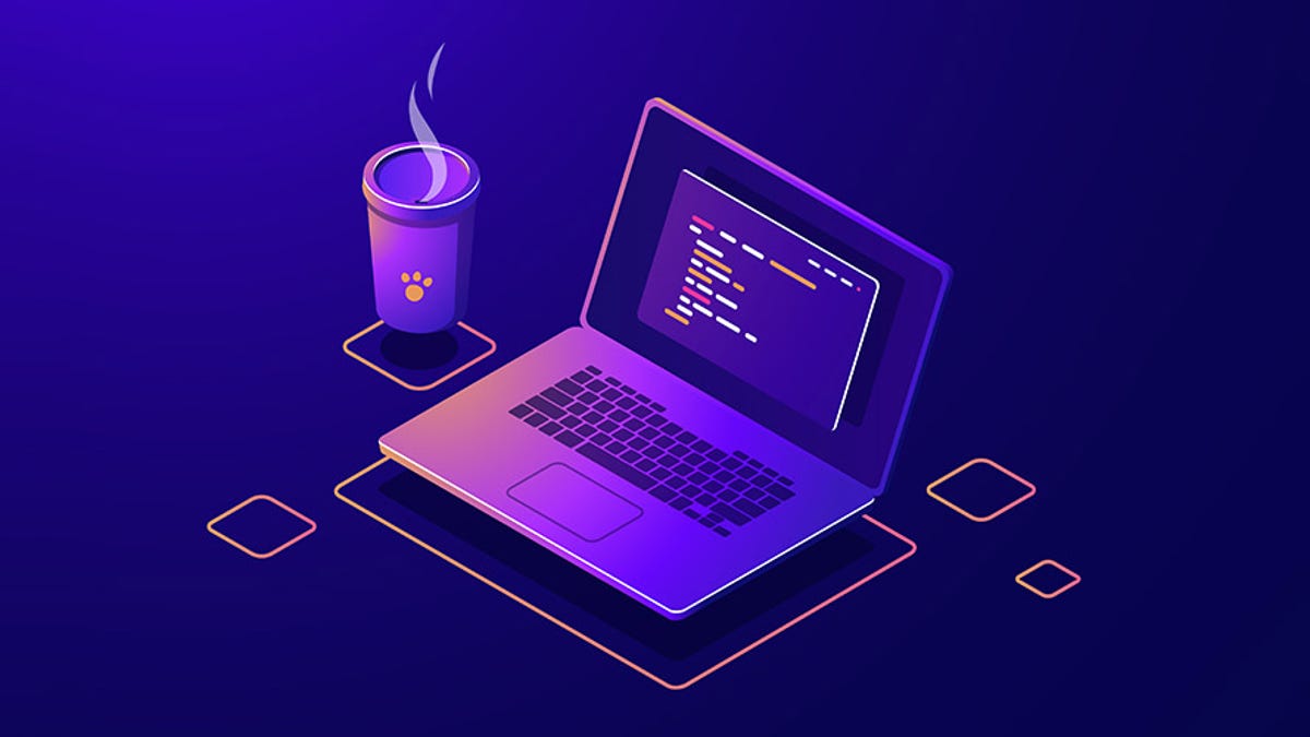 A blue and purple graphic of a laptop and cup of coffee.