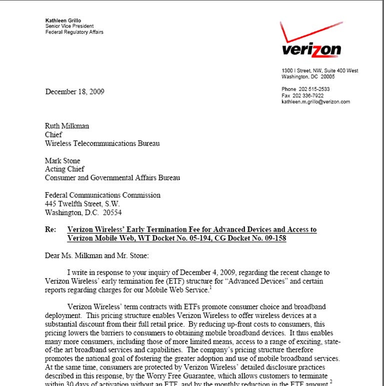 Verizon's letter to the FCC