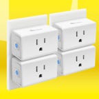 The Kasa Smart Plug Mini (4-pack) is displayed against a yellow background.