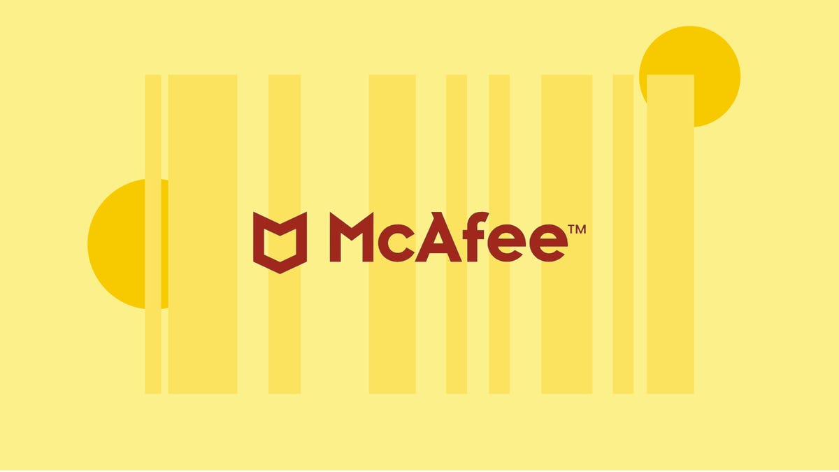 The McAfee logo is displayed against a yellow background.