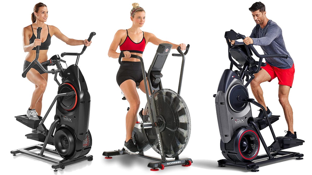 Three people workout using Bowflex and Schwinn Fitness equipment.