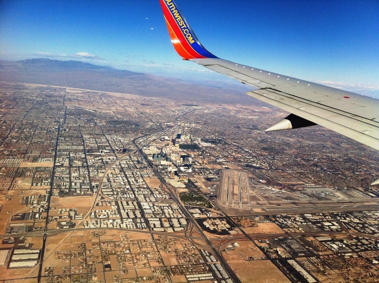 You wouldn't guess it from this cool view of the Las Vegas strip but it was the scariest, bumpiest cross-wind landing I've ever experienced.