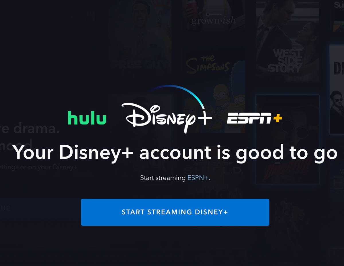 A pop-up saying your account is ready to go and asking if you want to start streaming Disney Plus or activate ESPN Plus