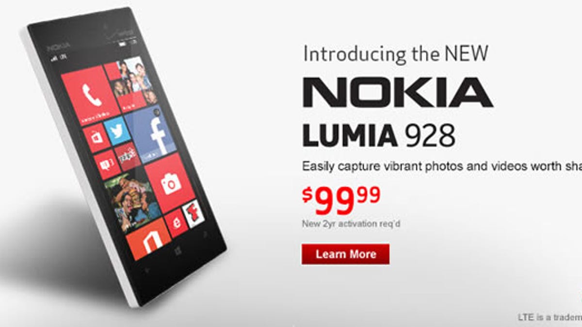 The Lumia 928 is now available through Verizon Wireless.