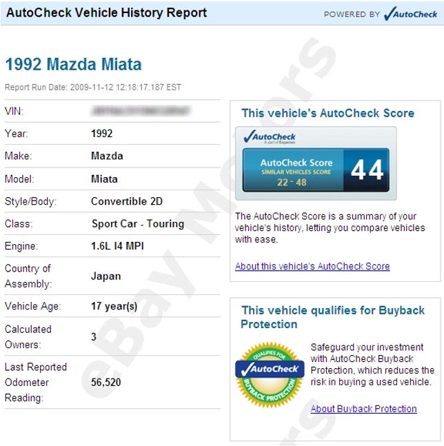 Vehicle history report for 1992 Mazda Miata