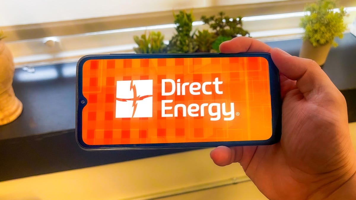 A cell phone displaying a Direct Energy Logo
