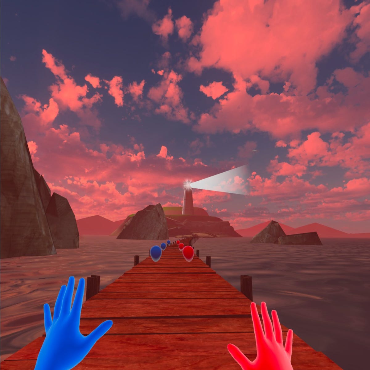Still from a VR game with a pier extending in front of left and right virtual hands with a lighthouse in the background.