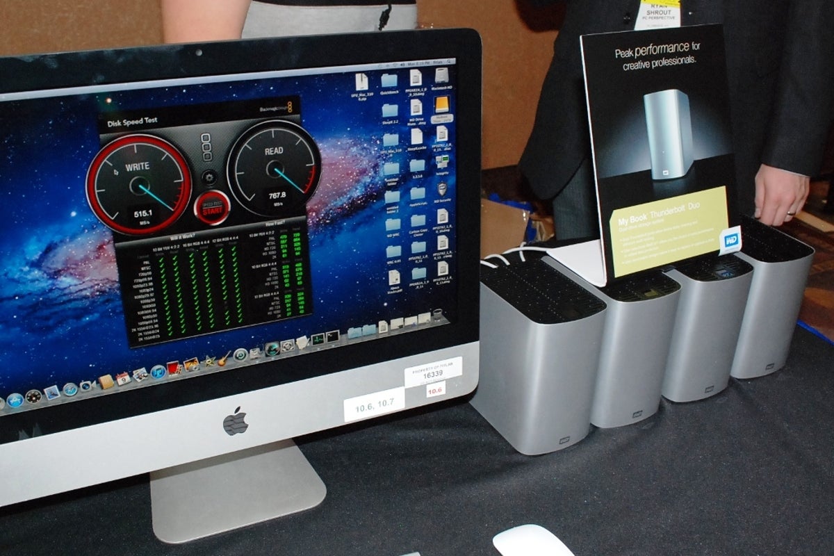 WD's demo of its first Thunderbolt-based external hard drive at CES 2012, the My Book Thunderbolt Duo.