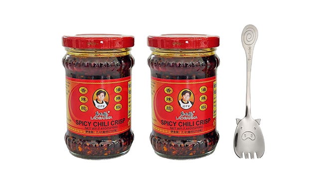 chili crisp jars and pig spoon