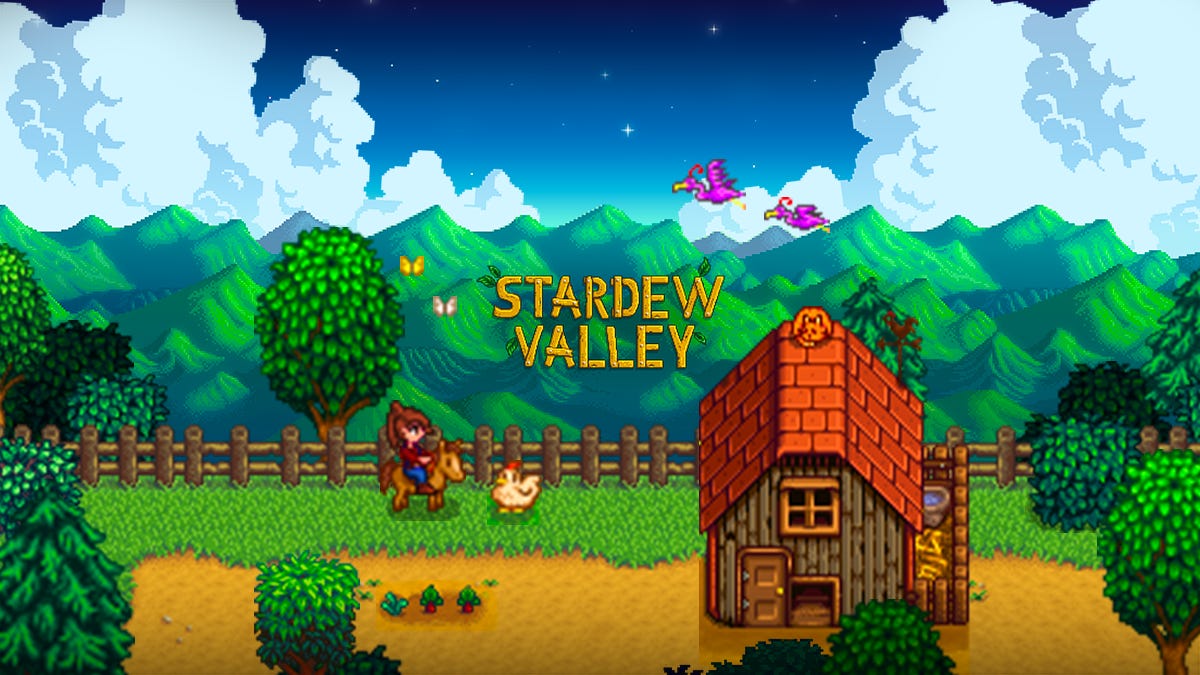 Stardew Valley title card showing a farm, a person outside of the farm with a chicken and mountains in the background