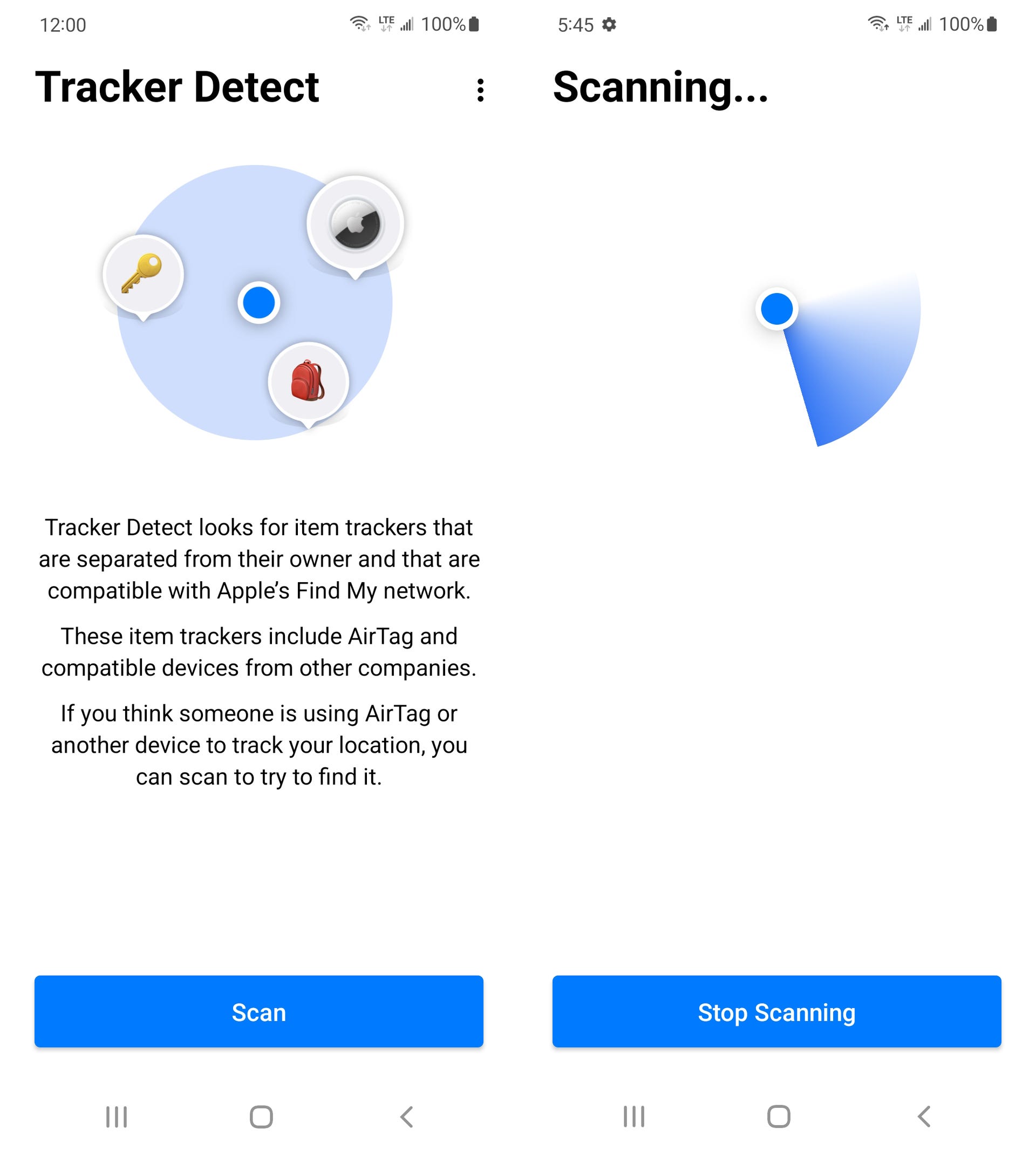 Screenshot showing Apple's Tracker Detect app