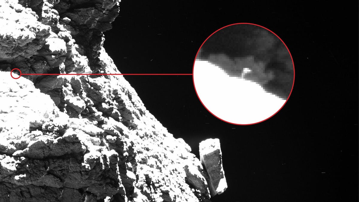The Philae lander, wedged underneath a rock, on comet 67P/Churyumov-Gerasimenko.