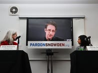<p>Edward Snowden speaks via video link at a news conference for the launch of a campaign calling for President Obama to pardon him.</p>