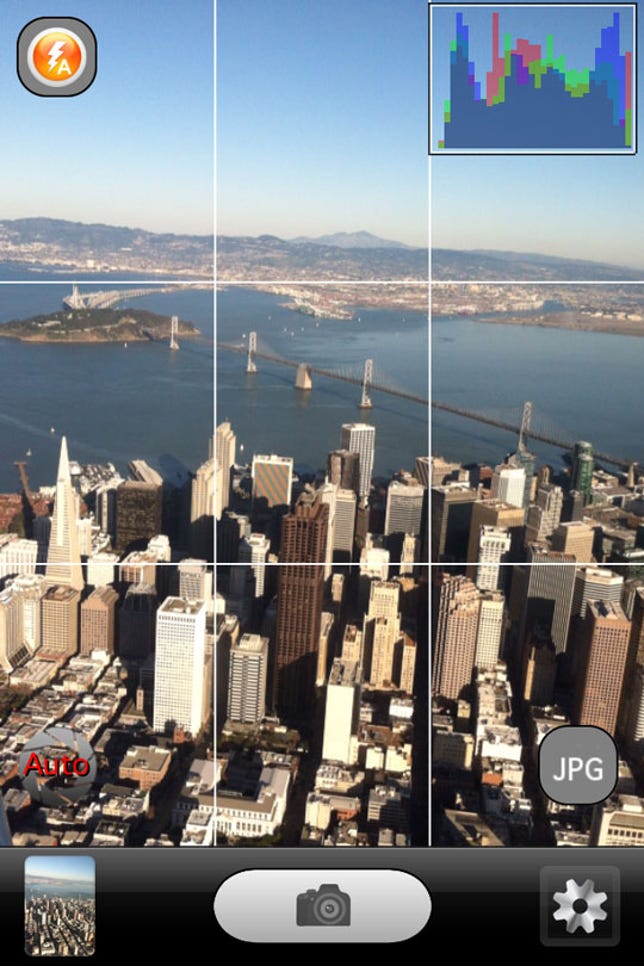 When shooting, the app lets you choose between JPEG, TIFF, and DNG photo file formats and shows a live histogram to gauge exposure.