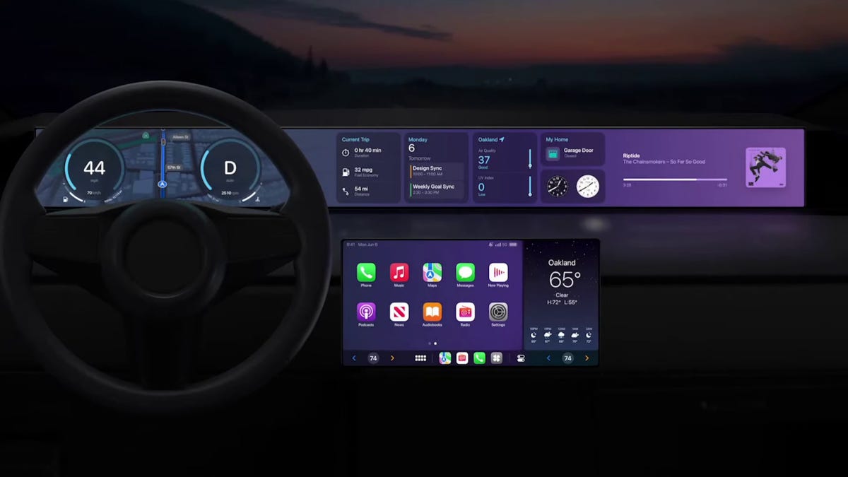 Illustration showing an iOS-inspired CarPlay interface and dashboard