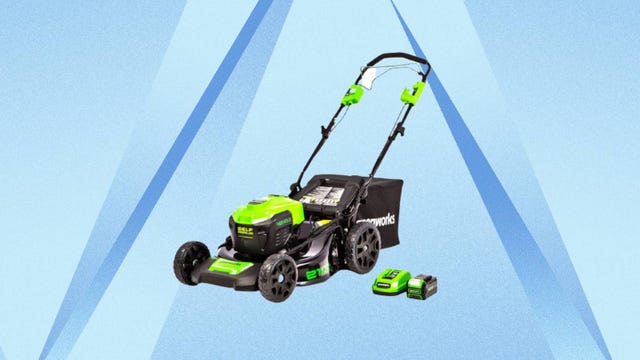 The Greenworks 40V brushless 21-inch self-propelled walk-behind lawnmower is displayed against a blue background.