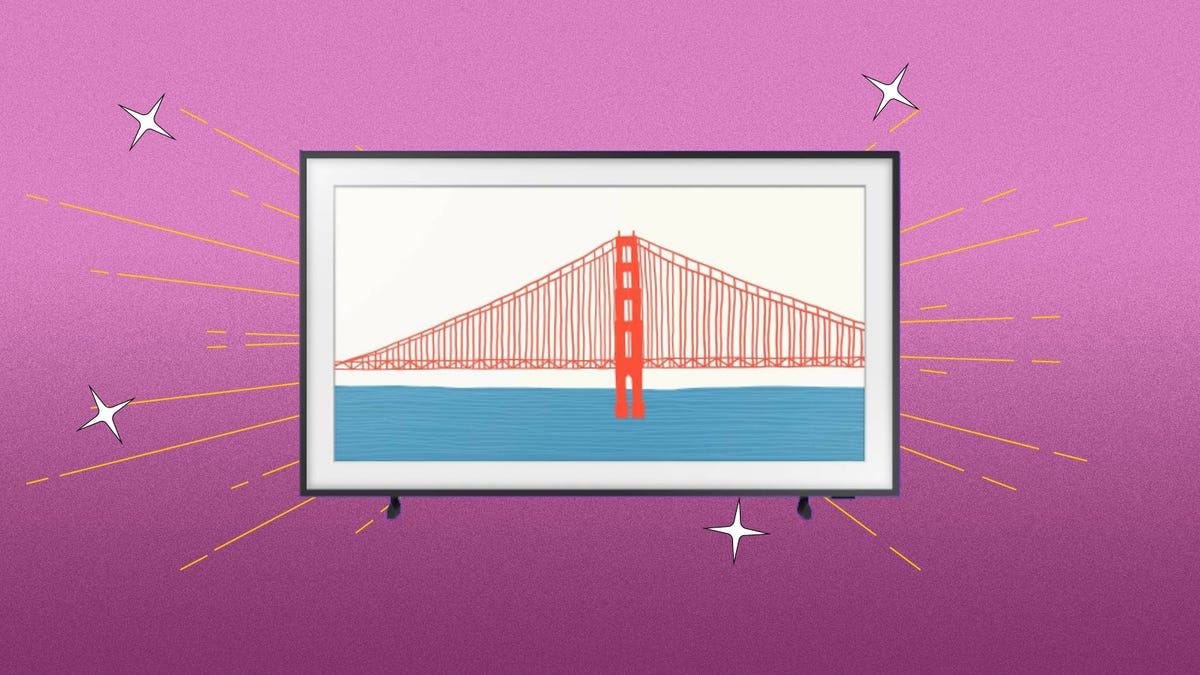 A 2021 Samsung The Frame TV with a painting of a bridge on the screen against a purple background.