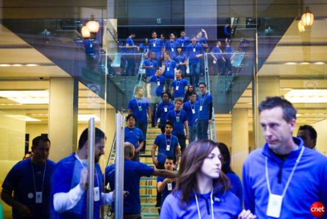 Apple employees preparing for the launch of the iPhone 4 last year at Apple's flagship store in San Francisco, the site of Moll's union efforts.