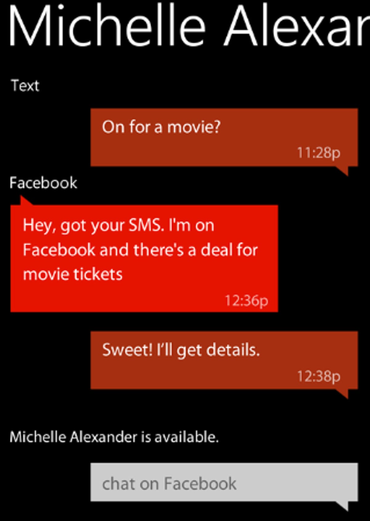 Threaded messages with text, Facebook