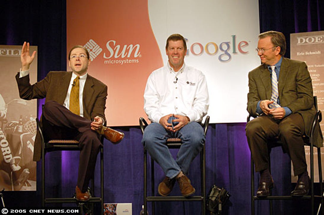 Happier times: Sun and Google were Java allies in 2005, when Sun's then-president Jonathan Schwartz, left, and CEO Scott McNealy, center, joined Google CEO Eric Schmidt to tout a partnership that ultimately fizzled.