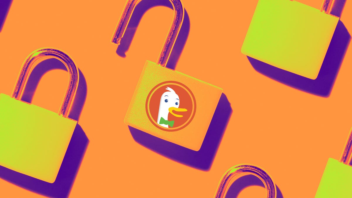 duckduckgo logo on an open padlock surrounded by other locked padlocks.