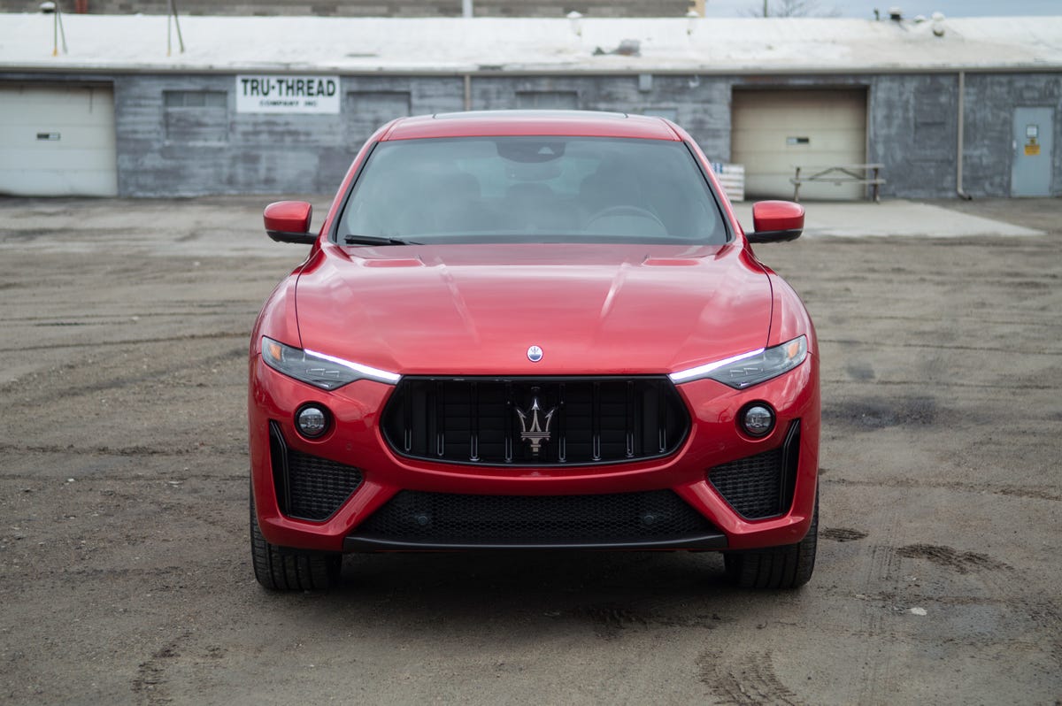 2022 Maserati Levante Trofeo in red, showing the front end from above