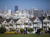SAN FRANCISCO, CA - OCTOBER 11: 'Painted Ladies' near Alamo Square with the Downtown skyline  in the back on October 11, 2013 in San Francisco, United States. (Photo by Margarethe Wichert/Getty Images)