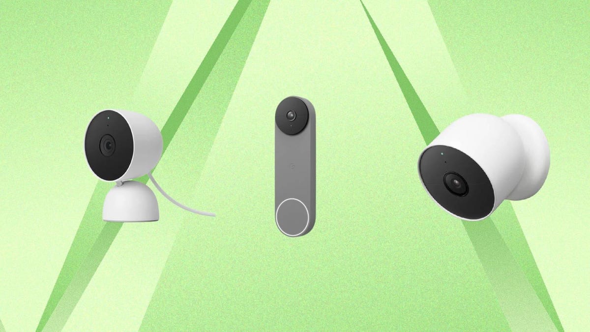 A Google Nest Indoor, Outdoor and Doorbell security camera against a green background.