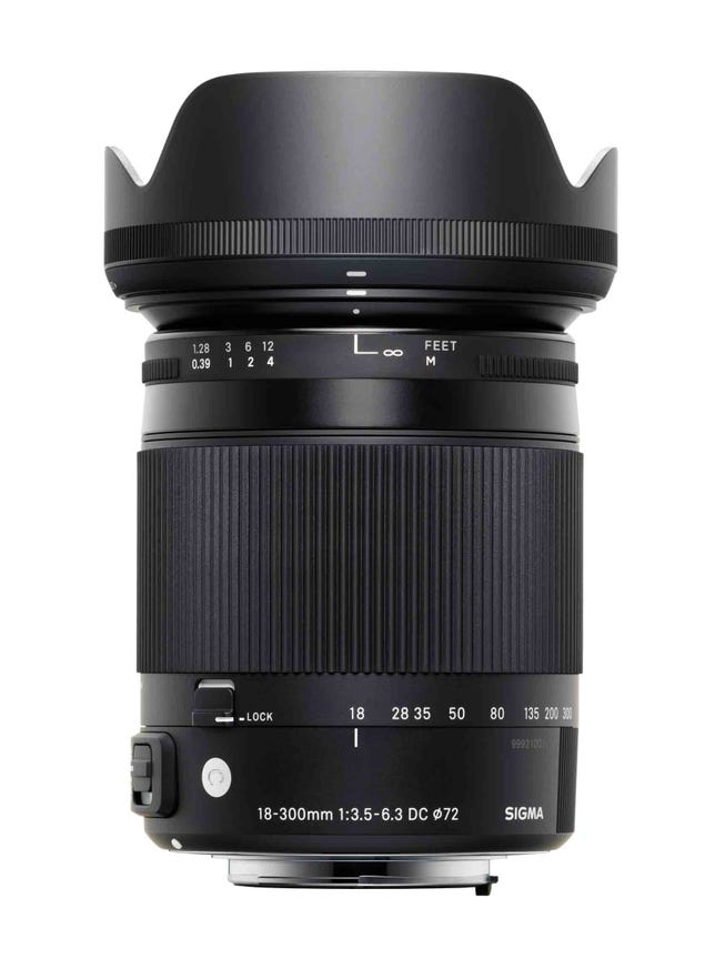 Sigma's 18-300mm F/3.5-6.3 DC Macro OS HSM Contemporary, shown here with its lens hood on, is a $579 ultrazoom.