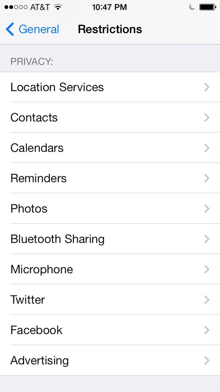 App-privacy options in iOS 7's Restrictions