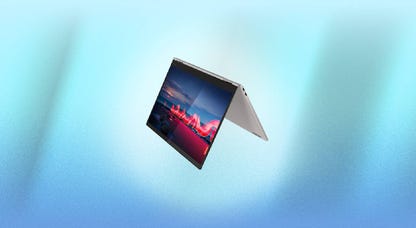 An open Lenovo ThinkPad X1 two-in-one laptop against a blue background.