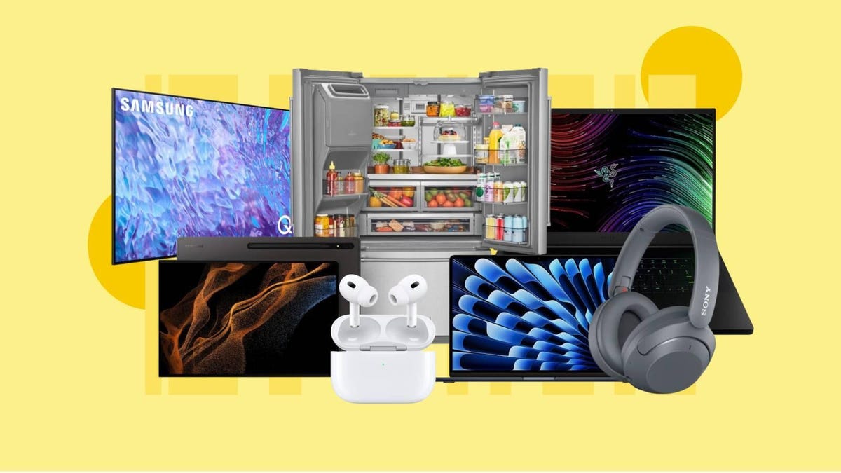 A TV, refrigerator, tablet, pair of earbuds, headphones, MacBook Air and gaming laptop are displayed against a yellow background.