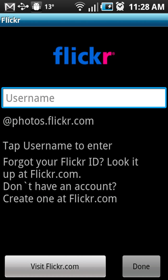 Android camera Flickr sign-in screen