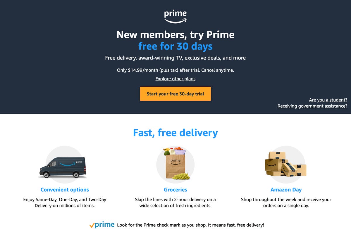 Amazon Prime free trial landing page