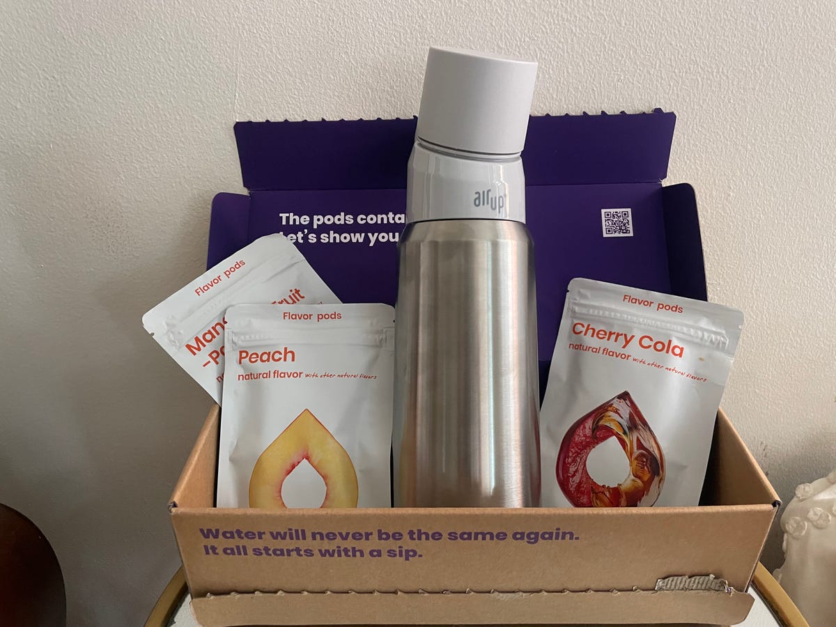 An Air Up water bottle with scent pods in a box. 