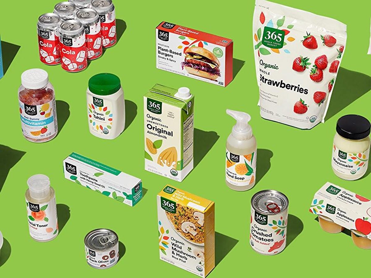various Whole Foods 356 brand items on a green background