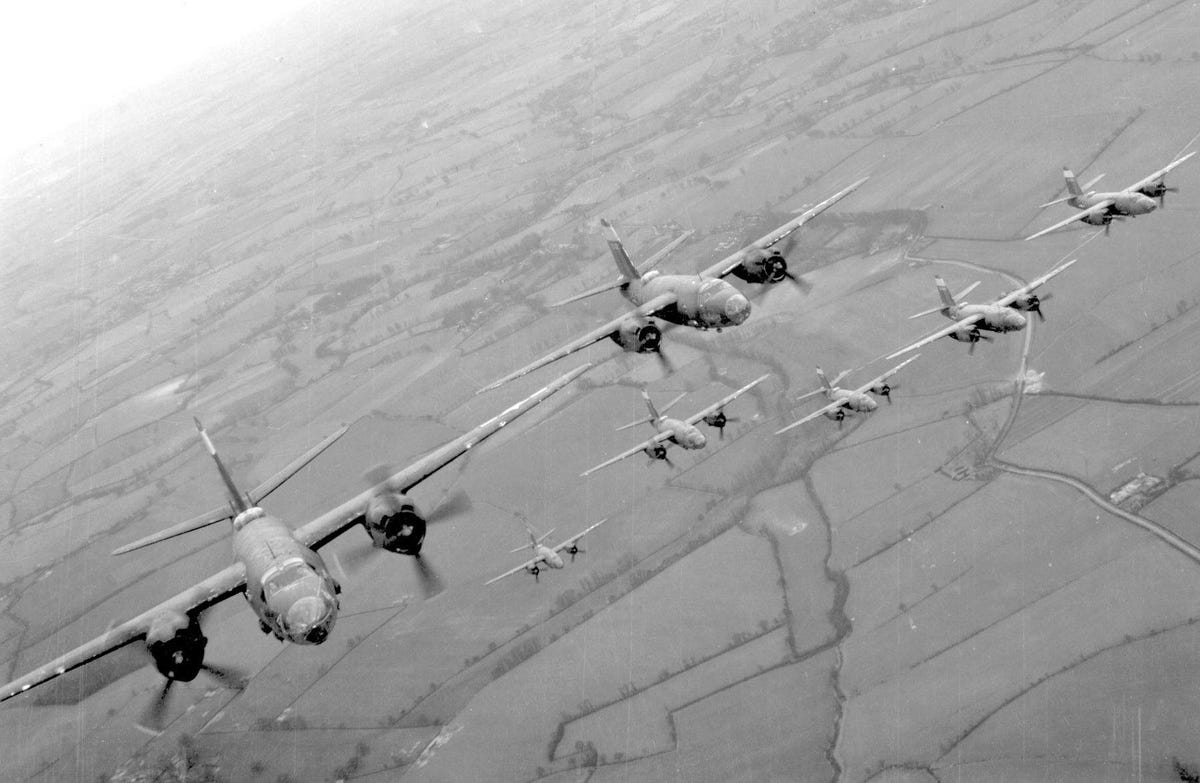Seven Martin B-26 Marauder aircraft flying in formation