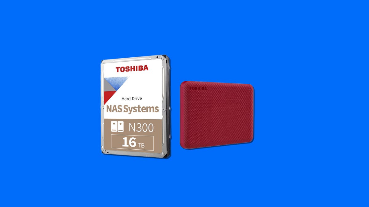 A Toshiba internal and external hard drive side by side on a blue background