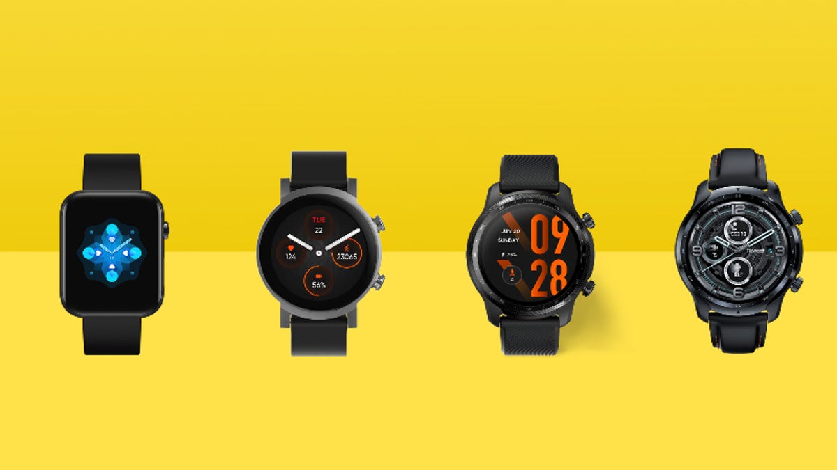 Four different Ticwatch models on yellow background