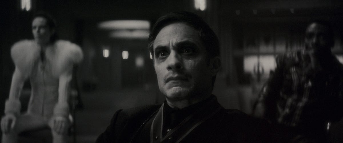 Gael García Bernal frowns in retro black and white for Marvel's horror pastiche Werewolf by Night.