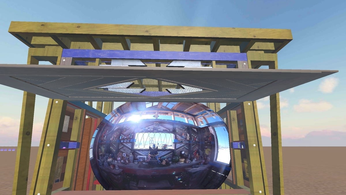 A wooden bar structure in virtual reality, and a glowing bubble inside has a video of the real thing