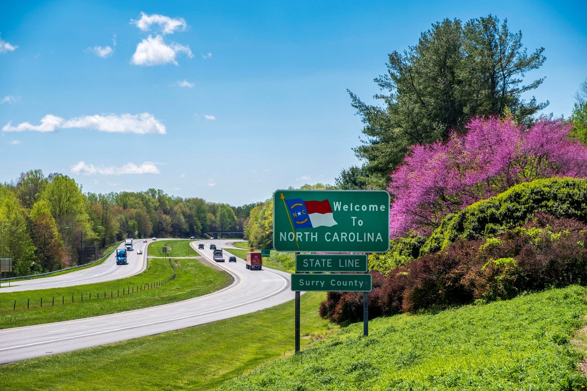 Welcome to North Carolina sign in springtime, on the North Carolina/South Carolina border.