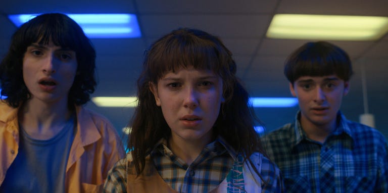 Mike, Eleven and Will gaze confusedly into the camera in Stranger Things season 4